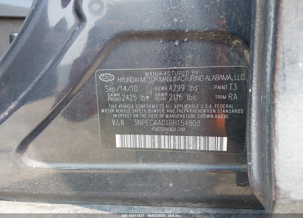 2011 HYUNDAI SONATA VIN: 5NPEC4AC1BH154803