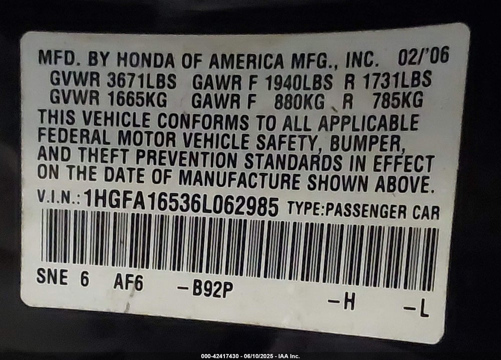 2006 HONDA CIVIC VIN: 1HGFA16536L062985