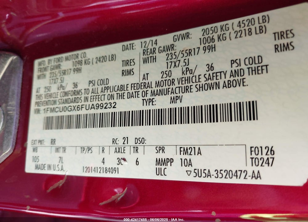 2015 FORD ESCAPE SE VIN: 1FMCU0GX6FUA99232