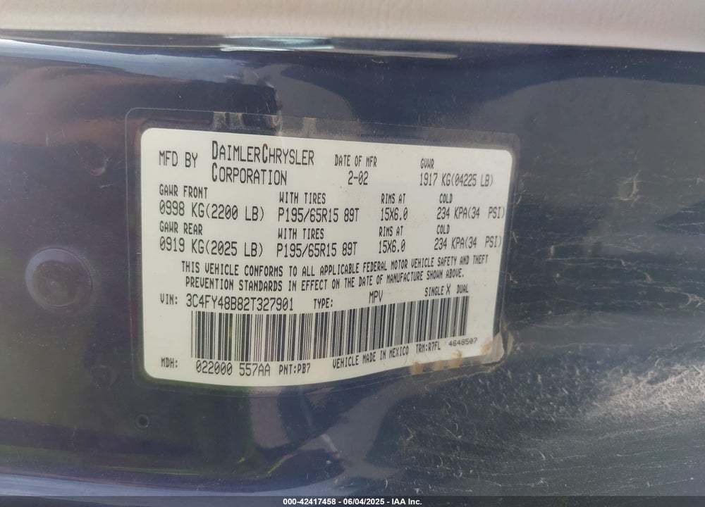 2002 CHRYSLER PT CRUISER VIN: 3C4FY48B82T327901