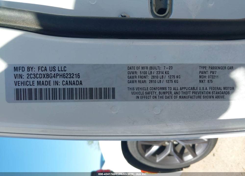 2023 DODGE CHARGER VIN: 2C3CDXBG4PH623216