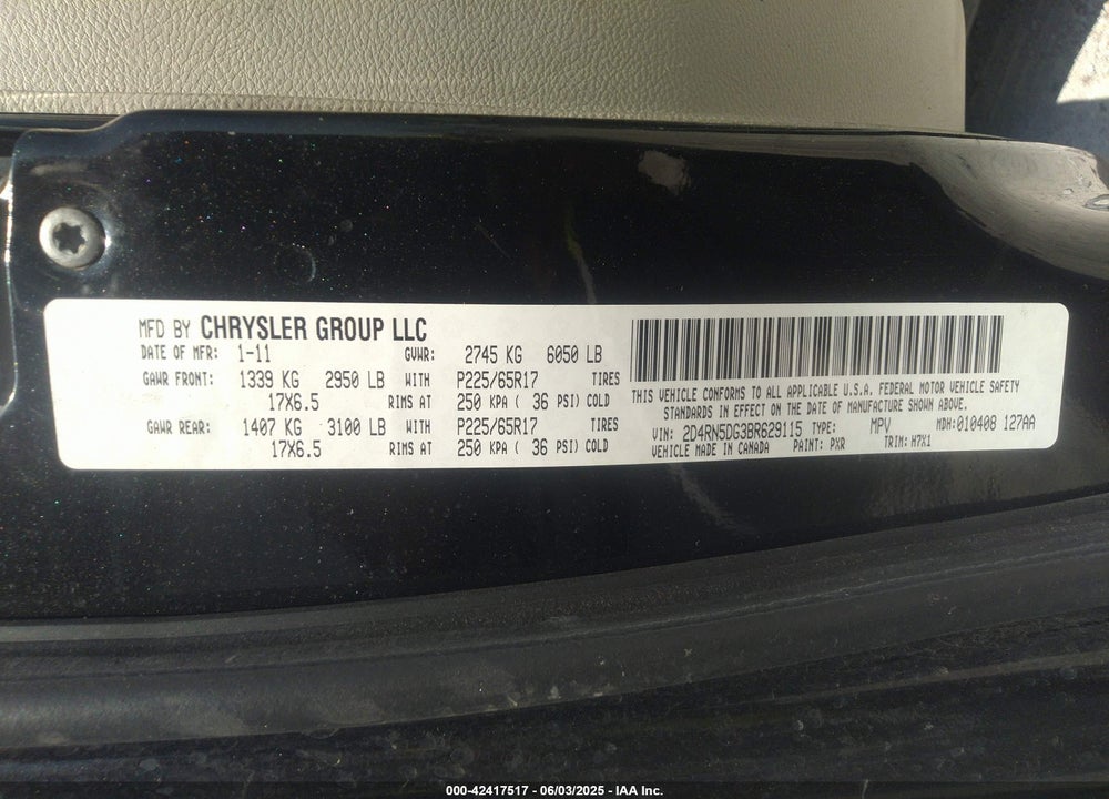 2011 DODGE GRAND CARAVAN CREW VIN: 2D4RN5DG3BR629115