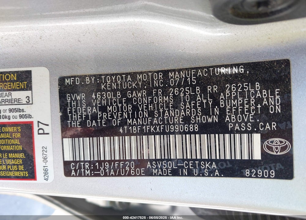 2015 TOYOTA CAMRY VIN: 4T1BF1FKXFU990688