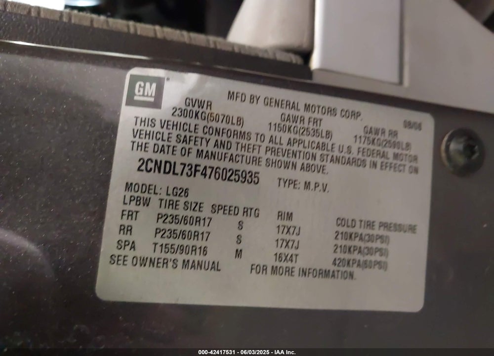 2007 CHEVROLET EQUINOX LT VIN: 2CNDL73F476025935