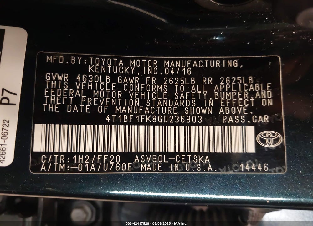2016 TOYOTA CAMRY VIN: 4T1BF1FK8GU236903