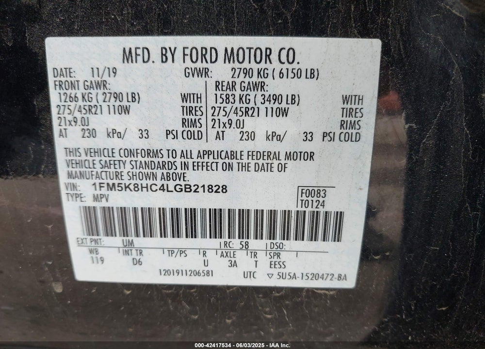 2020 FORD EXPLORER PLATINUM VIN: 1FM5K8HC4LGB21828