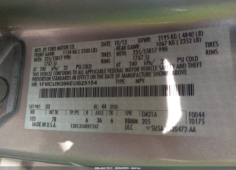 2014 FORD ESCAPE VIN: 1FMCU9G96EUB25154