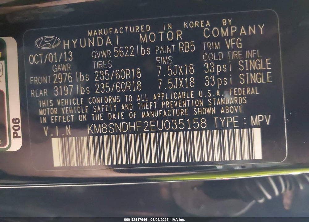 2014 HYUNDAI SANTA FE GLS VIN: KM8SNDHF2EU035158