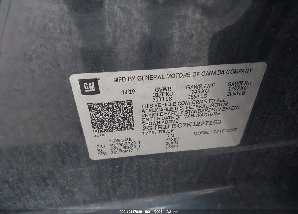 2019 GMC SIERRA 1500 LIMITED VIN: 2GTR1LEC7K1227153