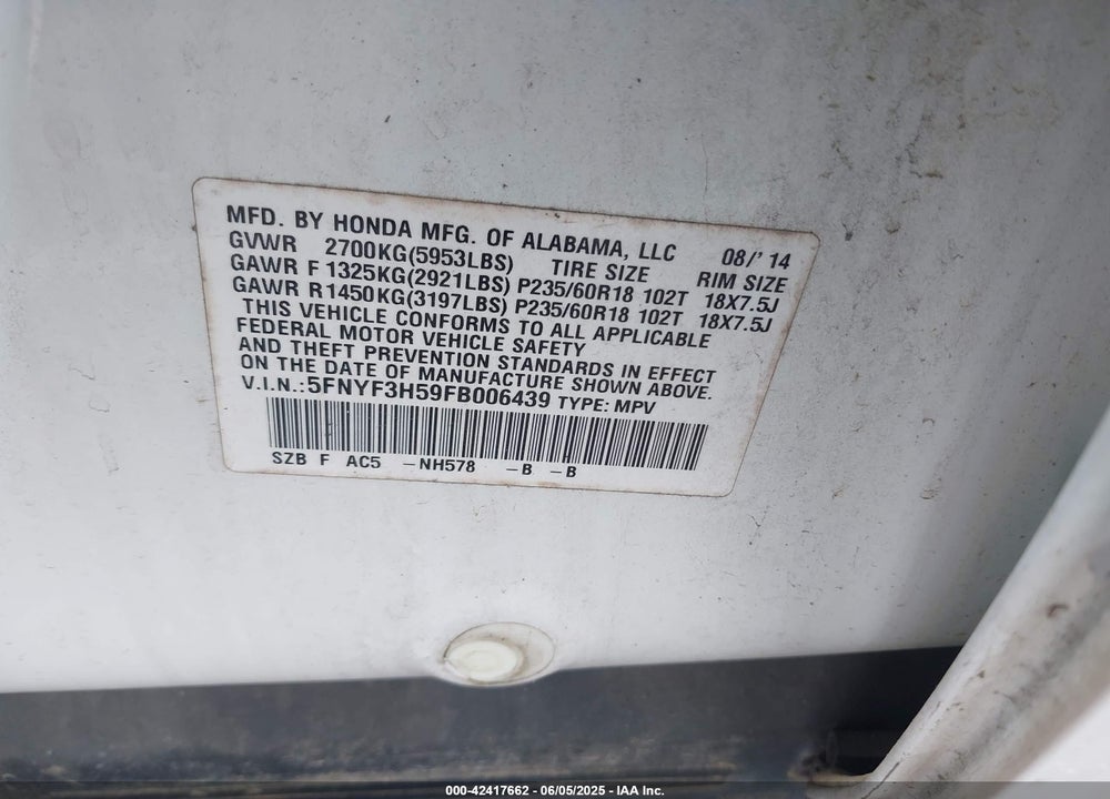 2015 HONDA PILOT EX-L VIN: 5FNYF3H59FB006439