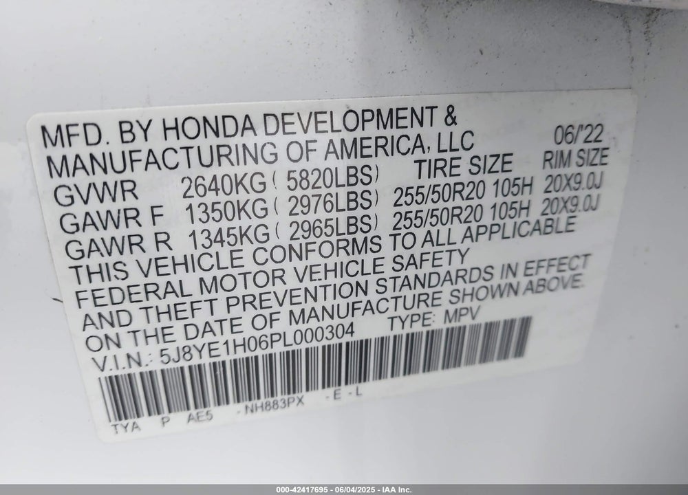 2023 ACURA MDX VIN: 5J8YE1H06PL000304