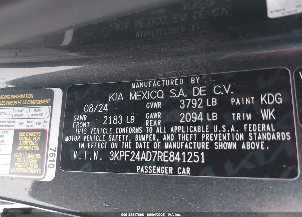 2024 KIA FORTE VIN: 3KPF24AD7RE841251