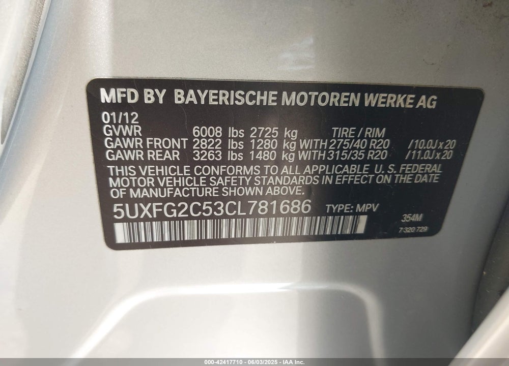 2012 BMW X6 VIN: 5UXFG2C53CL781686