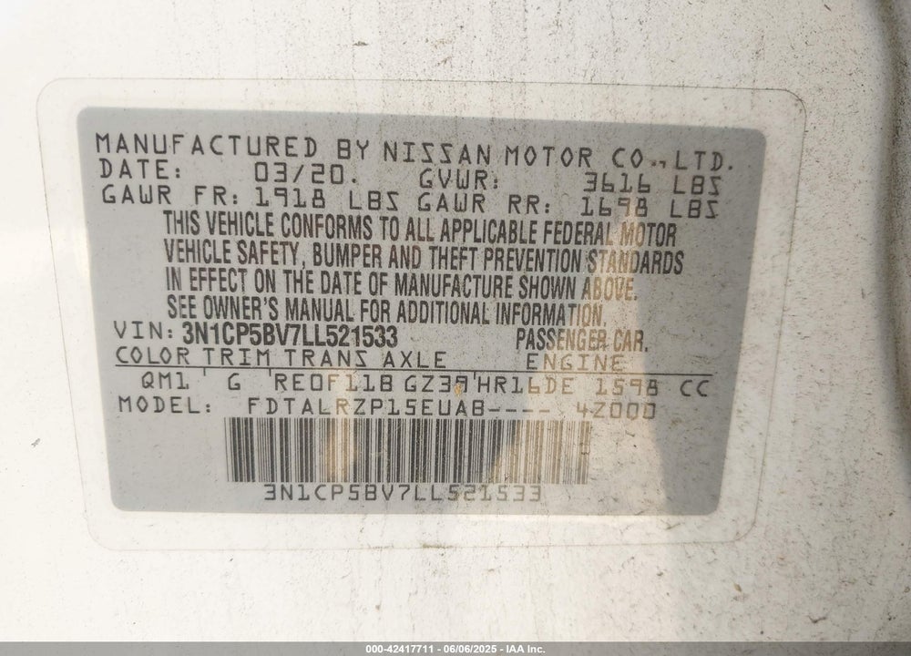 2020 NISSAN KICKS VIN: 3N1CP5BV7LL521533