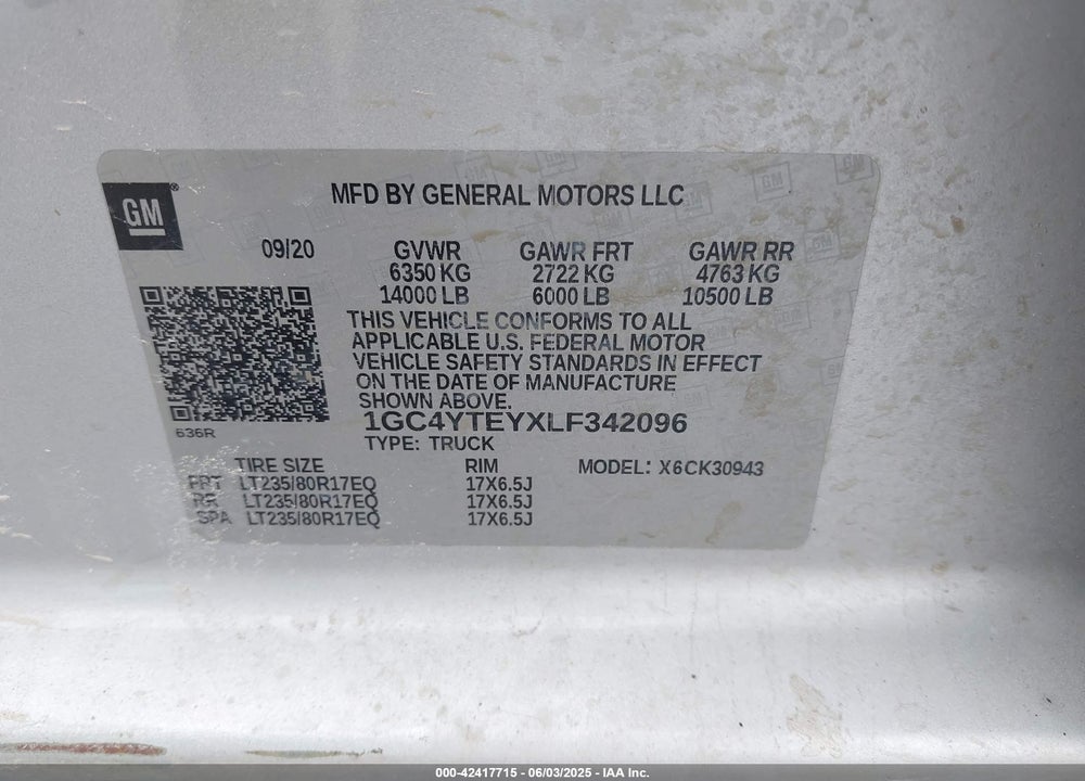 2020 CHEVROLET SILVERADO 3500HD 4WD  LONG BED LT VIN: 1GC4YTEYXLF342096