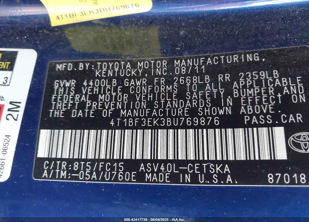 2011 TOYOTA CAMRY SE VIN: 4T1BF3EK3BU769876