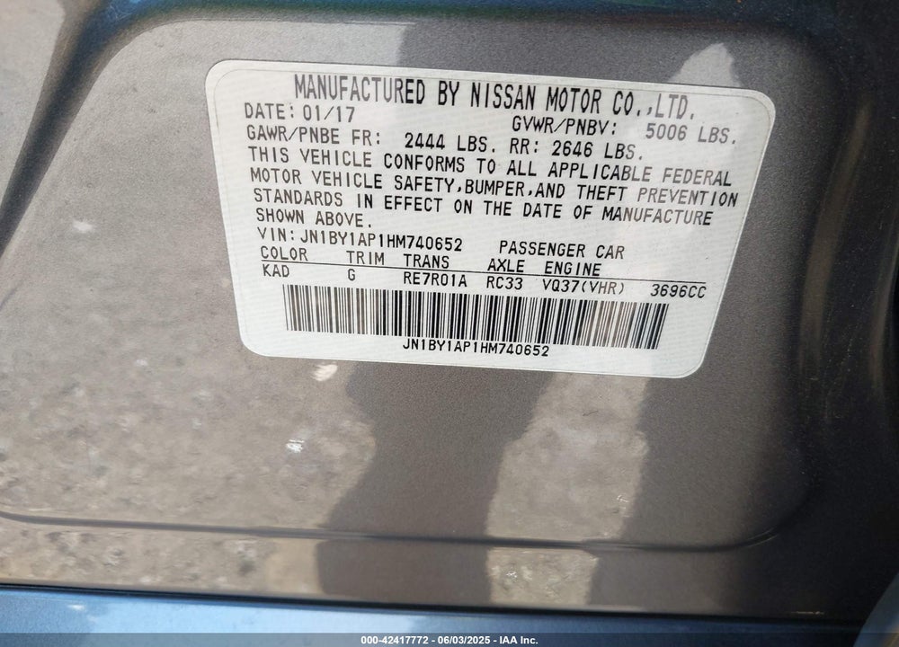 2017 INFINITI Q70 VIN: JN1BY1AP1HM740652