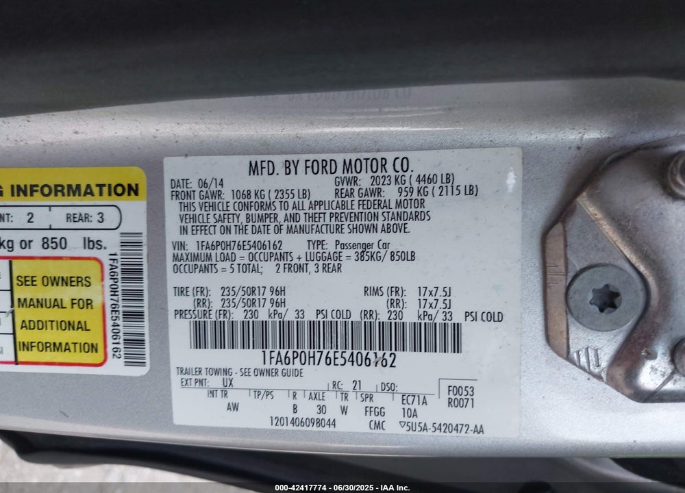 2014 FORD FUSION SE VIN: 1FA6P0H76E5406162