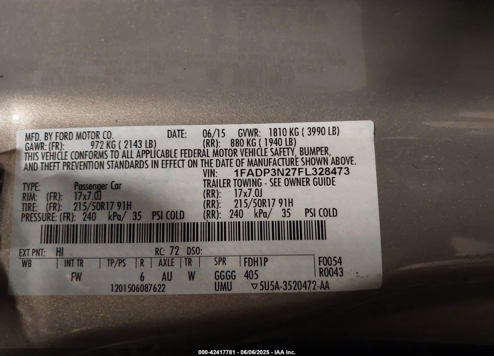 2015 FORD FOCUS VIN: 1FADP3N27FL328473