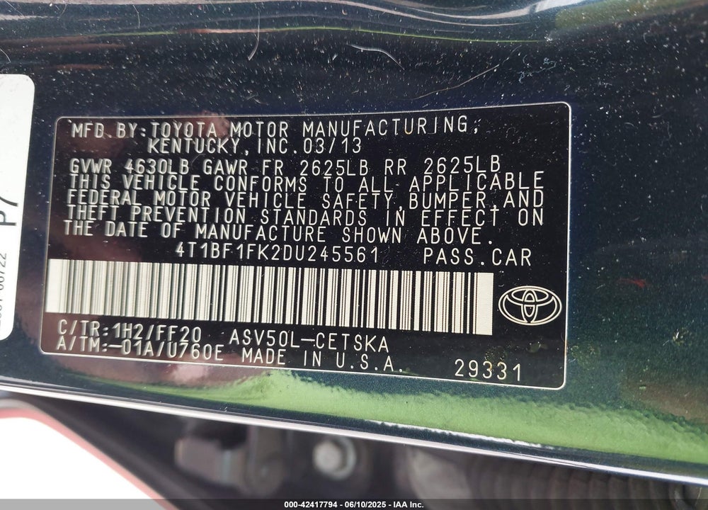 2013 TOYOTA CAMRY VIN: 4T1BF1FK2DU245561