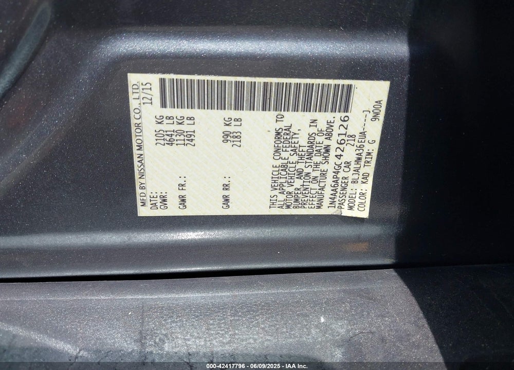 2016 NISSAN MAXIMA VIN: 1N4AA6AP4GC426126