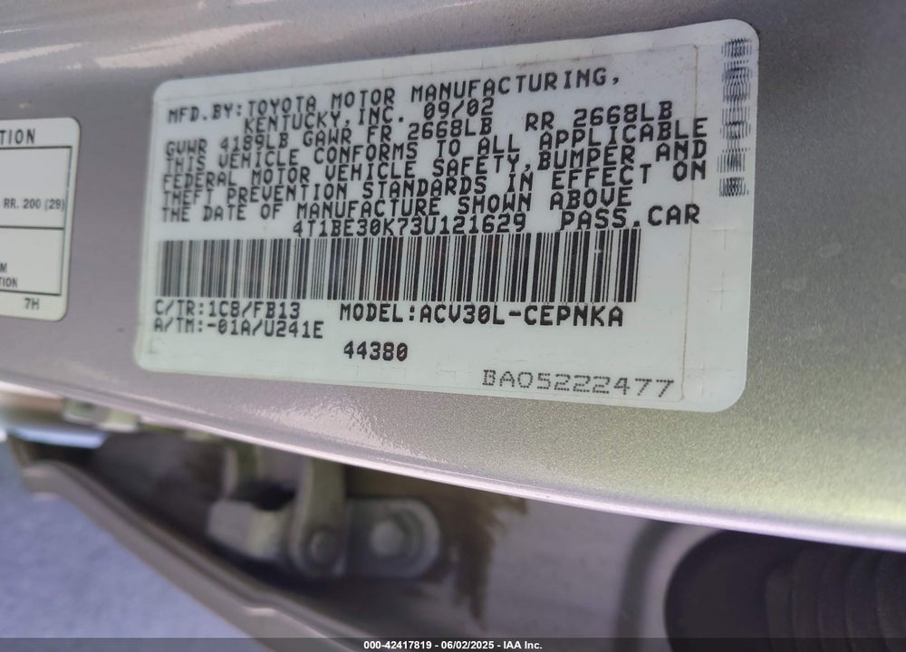 2003 TOYOTA CAMRY LE VIN: 4T1BE30K73U121629
