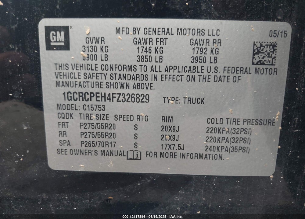 2015 CHEVROLET SILVERADO 1500 VIN: 1GCRCPEH4FZ326829