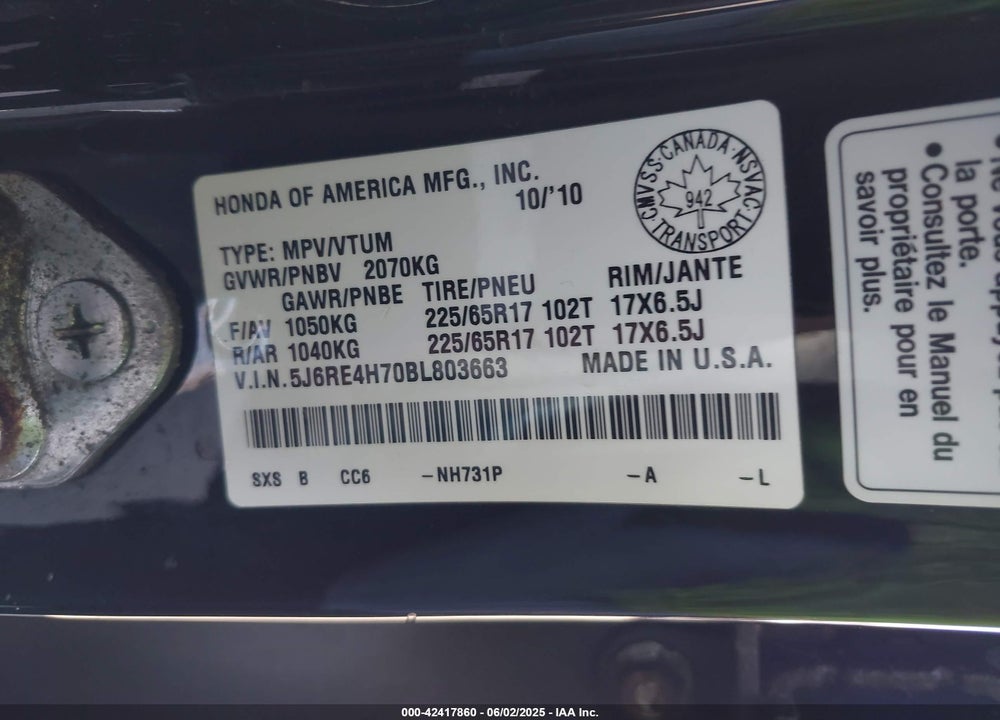 2011 HONDA CR-V EX-L VIN: 5J6RE4H70BL803663