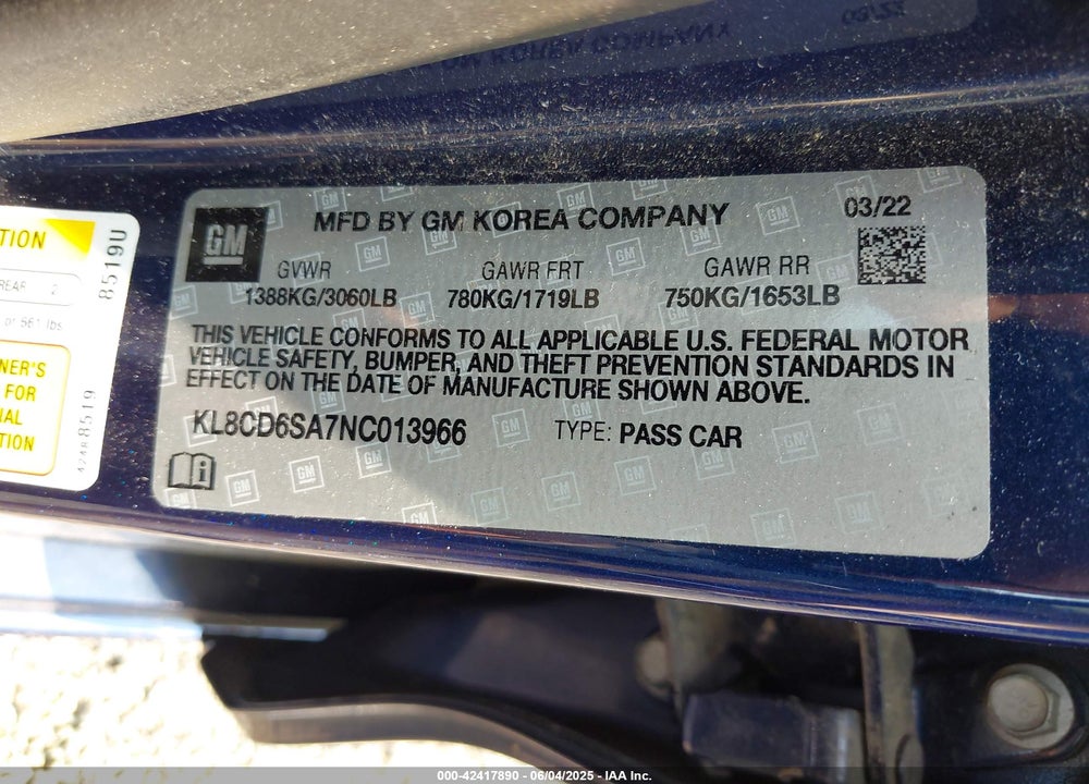 2022 CHEVROLET SPARK VIN: KL8CD6SA7NC013966
