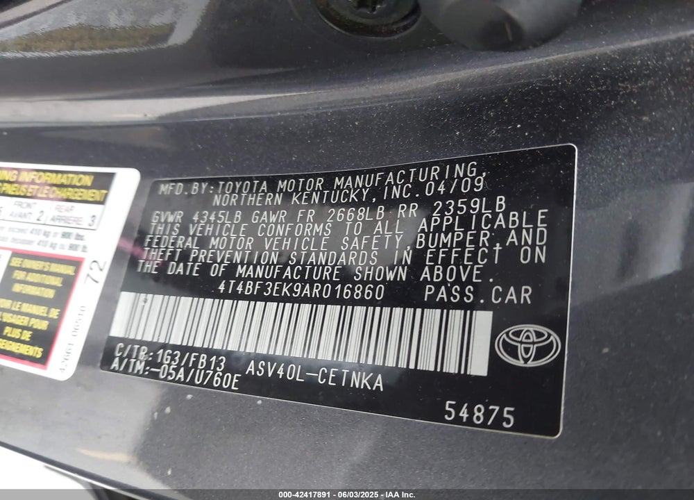 2010 TOYOTA CAMRY VIN: 4T4BF3EK9AR016860