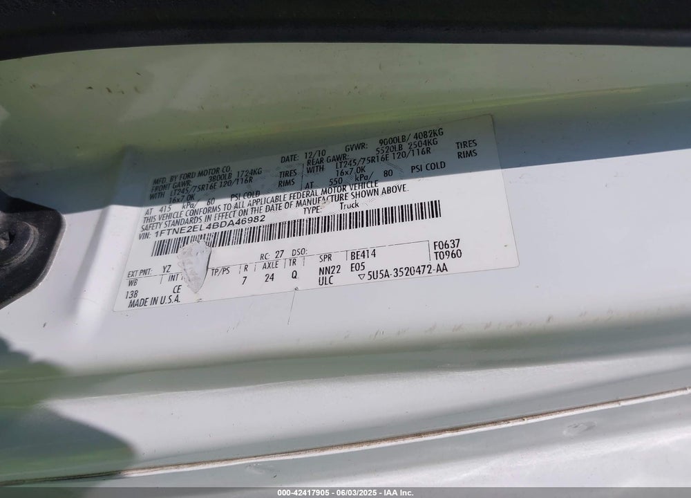 2011 FORD E-250 COMMERCIAL VIN: 1FTNE2EL4BDA46982