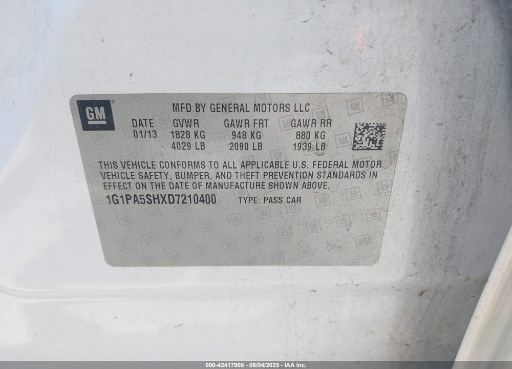 2013 CHEVROLET CRUZE VIN: 1G1PA5SHXD7210400