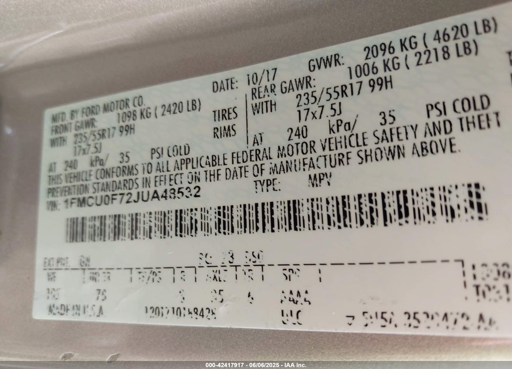 2018 FORD ESCAPE VIN: 1FMCU0F72JUA48532