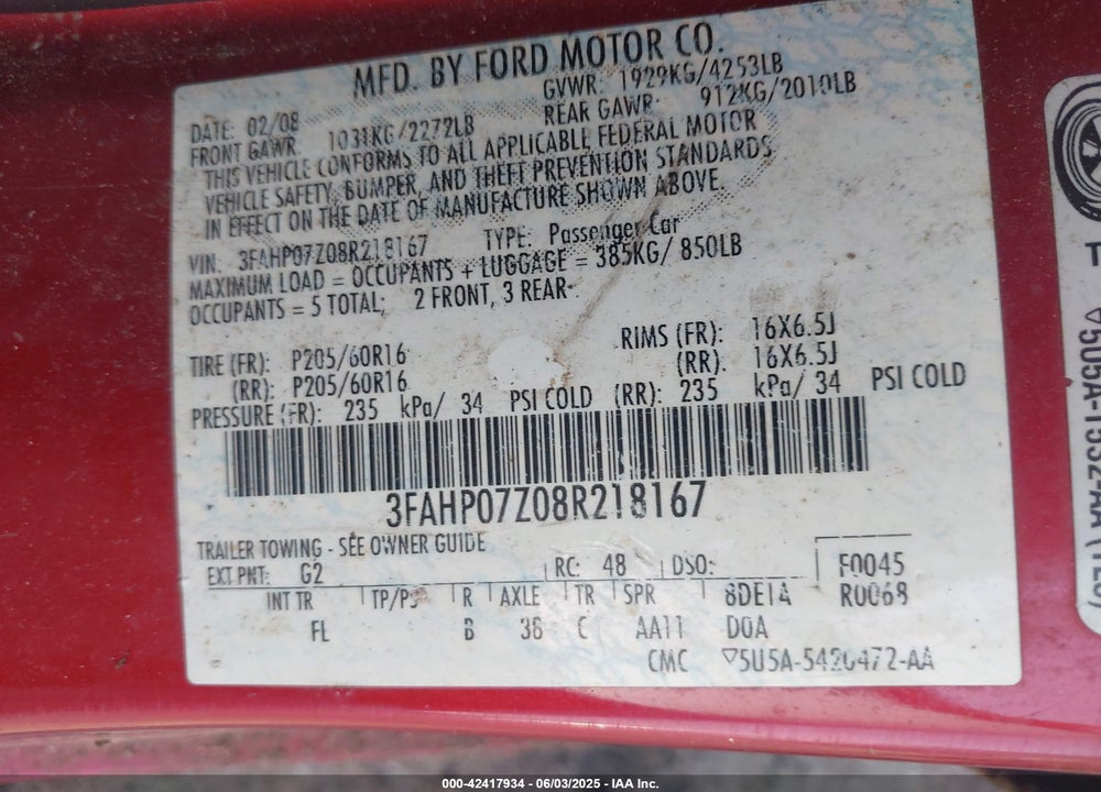 2008 FORD FUSION SE VIN: 3FAHP07Z08R218167