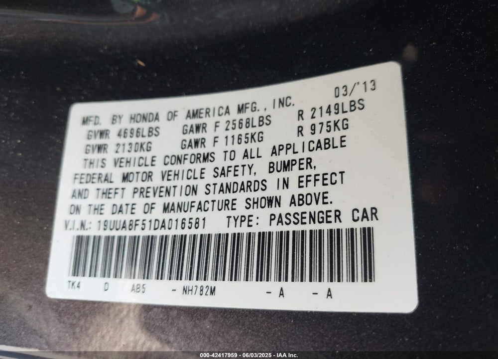 2013 ACURA TL VIN: 19UUA8F51DA016581