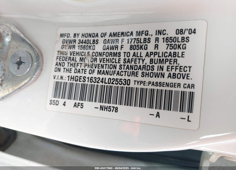 2004 HONDA CIVIC VP VIN: 1HGES16324L025530