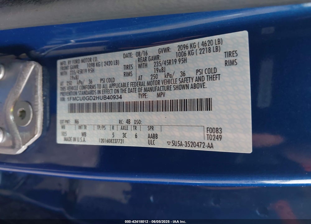 2017 FORD ESCAPE SE VIN: 1FMCU0GD2HUB40934
