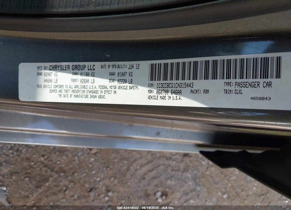 2012 CHRYSLER 200 VIN: 1C3CCBCG1CN315443
