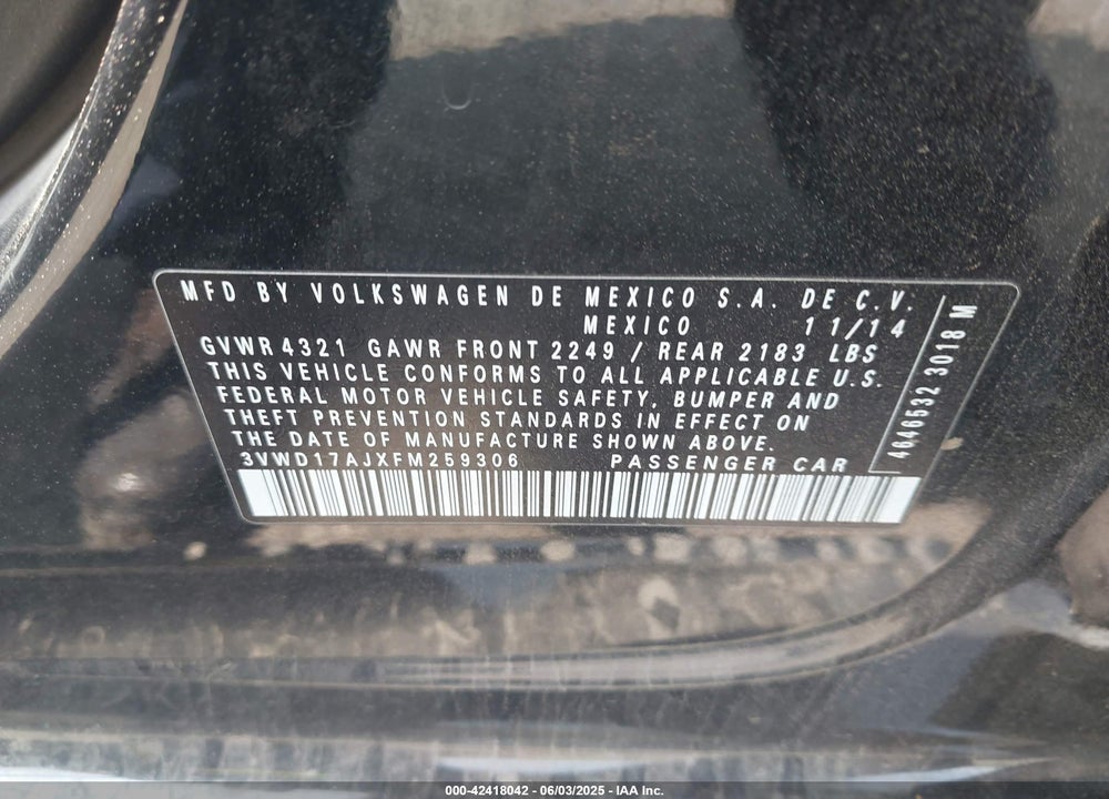 2015 VOLKSWAGEN JETTA 1.8T SE VIN: 3VWD17AJXFM259306
