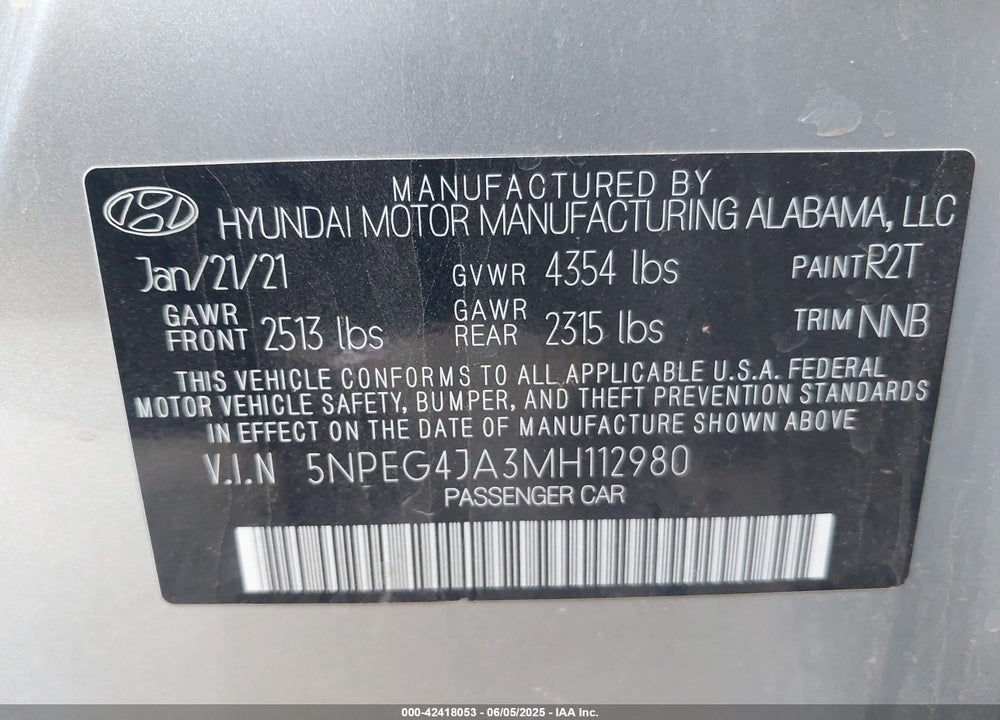 2021 HYUNDAI SONATA VIN: 5NPEG4JA3MH112980