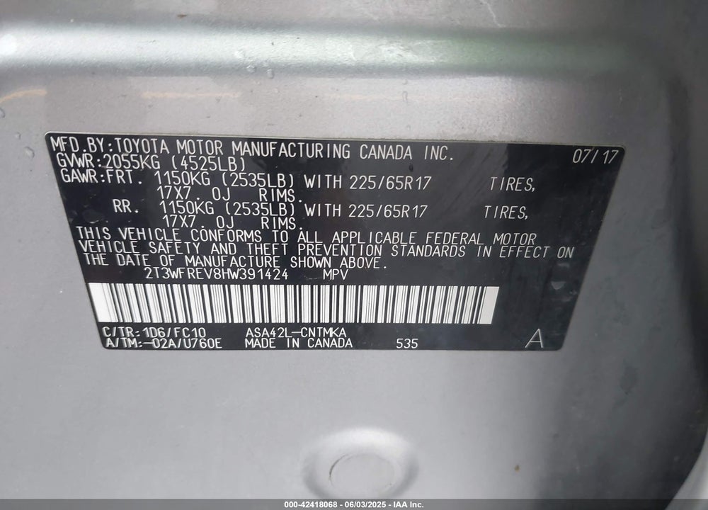2017 TOYOTA RAV4 VIN: 2T3WFREV8HW391424