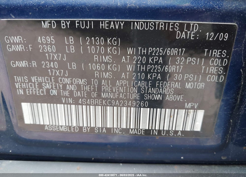 2010 SUBARU OUTBACK 3.6R LIMITED VIN: 4S4BREKC9A2349260
