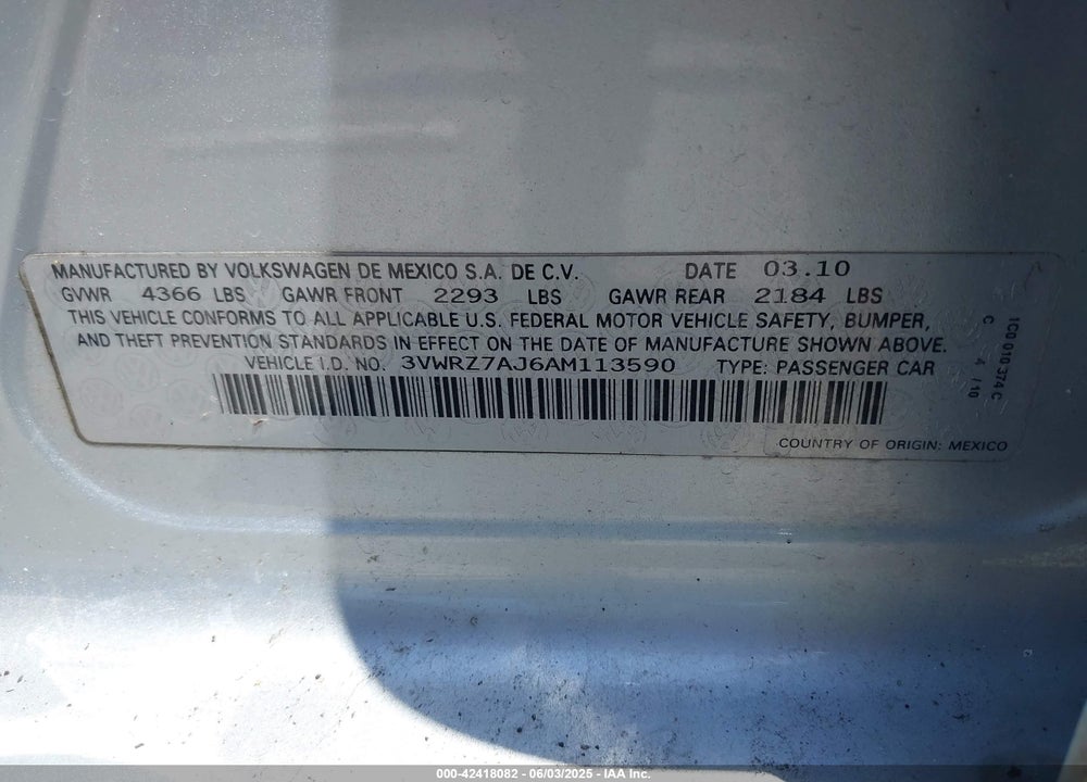 2010 VOLKSWAGEN JETTA VIN: 3VWRZ7AJ6AM113590