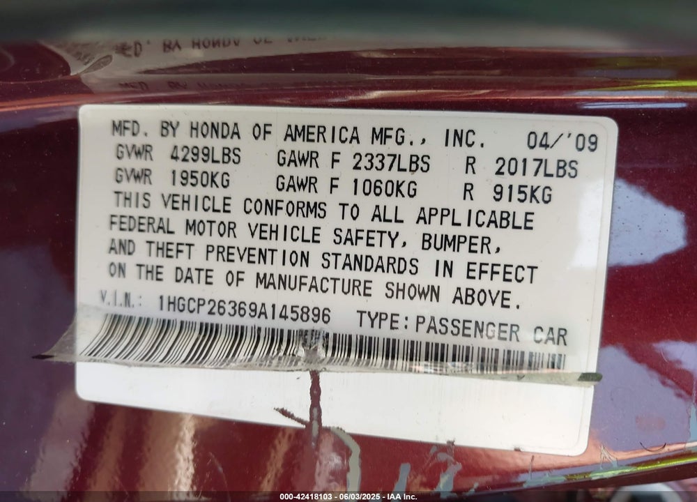 2009 HONDA ACCORD 2.4 LX VIN: 1HGCP26369A145896