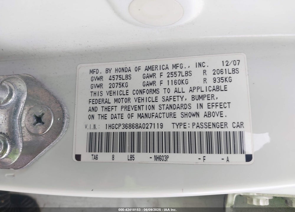 2008 HONDA ACCORD VIN: 1HGCP36868A027119