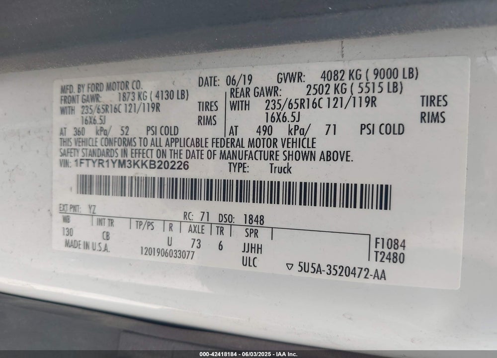 2019 FORD TRANSIT-250 VIN: 1FTYR1YM3KKB20226