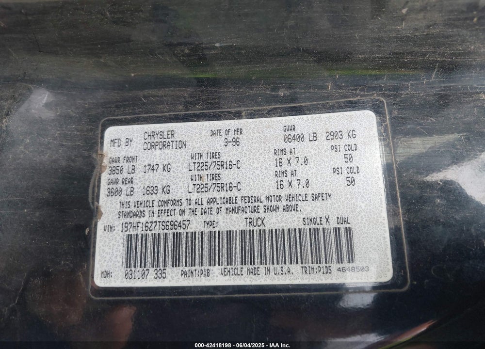 1996 DODGE RAM 1500 VIN: 1B7HF16Z7TS696457