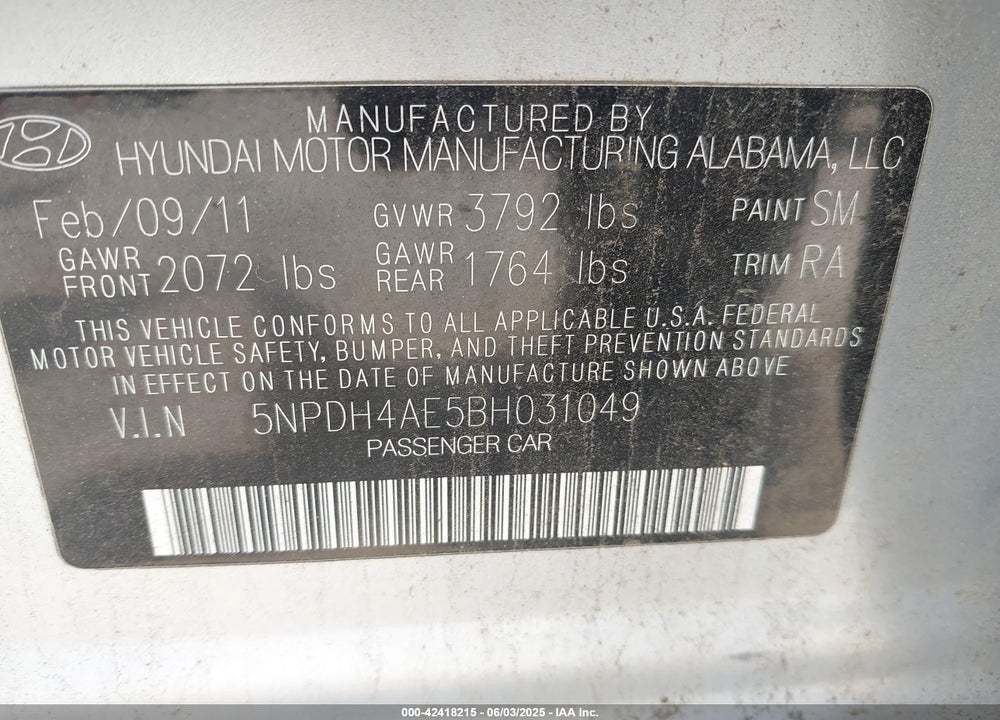 2011 HYUNDAI ELANTRA VIN: 5NPDH4AE5BH031049