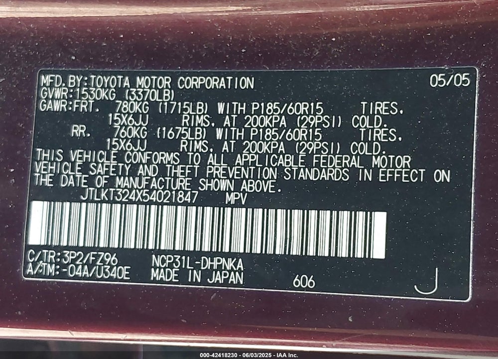 2005 SCION XB VIN: JTLKT324X54021847
