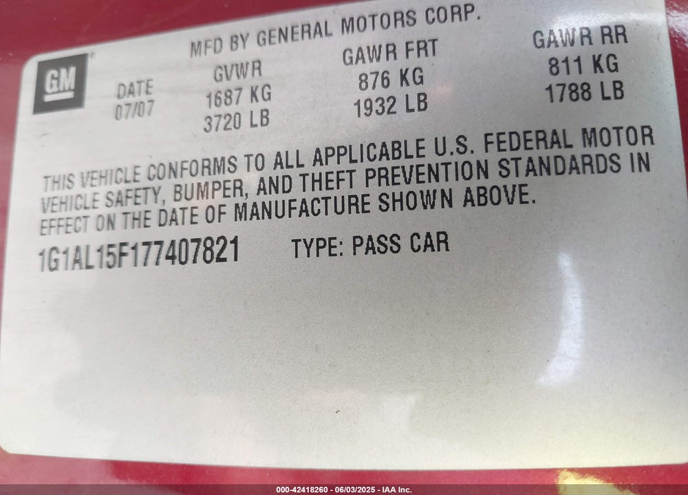 2007 CHEVROLET COBALT VIN: 1G1AL15F177407821